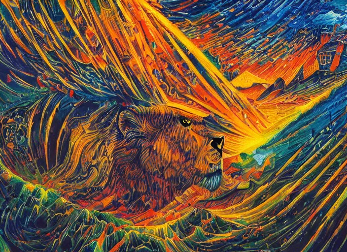 Image similar to An oil on canvas painting of the Lion's gate, energy vortex, by Dan Mumford and Umberto Boccioni,, 3d, realistic shading, complimentary colors, aesthetically pleasing composition, masterpiece, 4k, 8k, ultra realistic, super realistic