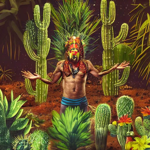 Image similar to spartan in jungle surrounded by cacti, shaman offering peyote, camp fire, full moon with stars, psychedelic surrealism in hyper realistic photo