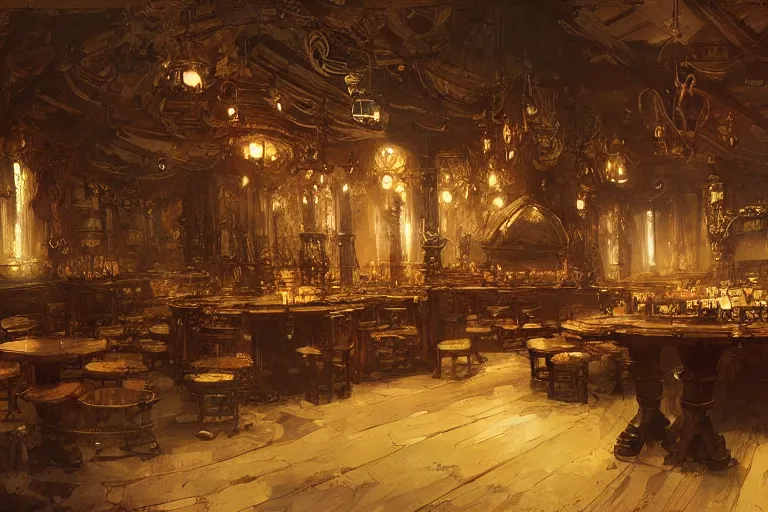 Image similar to fantasy tavern interior, intricate, elegant, highly detailed, john park, john howe, sparth, ruan jia, jeffrey catherine jones