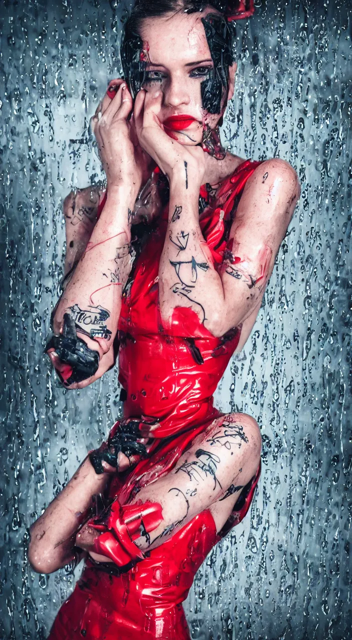 Image similar to woman, android, cyberpunk, artificial limbs, tattoos, neon light, hard light, glamour, vogue photoshoot, fashion, long dress, red dress, raindrops, rain, wet, make - up, leaky make - up, red lipstick