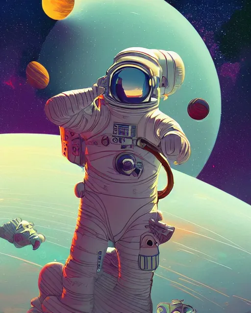 Image similar to wide shoot portrait of ethereal cosmonaut lie relaxed on a crescent moon between the stars and the planets in outer space, cosmonaut post grunge concept art,high detail,4k, trending on artstation by josan gonzalez, dan mumford and tyler edlin