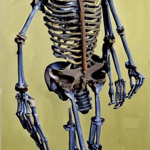 Image similar to high quality high detail painting by lucian freud, hd, woman with mech skeleton