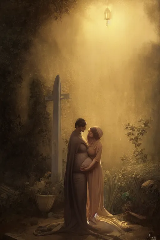 Image similar to a portrait of a pregnant widow next to her husband's grave, illustration, dramatic lighting, soft details, painting oil on canvas, art deco, octane render, HDR, 4k, 8k, HD, by Edmund Blair Leighton, Brom, Charlie Bowater, trending on artstation, faces by Tom Bagshaw, Sargent