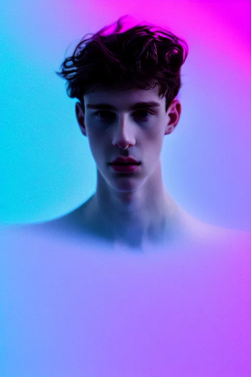 Image similar to high quality pastel coloured film mid angle selfie photograph of a beautiful young 2 0 year old male, soft features, black hair, standing in an icelandic black rock environment. atmospheric. three point light. photographic. art directed. ( pastel colours ). volumetric light. sheen. waves glitch. 8 k. filmic.