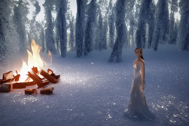 Image similar to a beautiful woman made out of crystal ice sitting by a campfire and slowly melting, by iris van herpen, unreal engine 5, volumetric lighting, path tracing, outdoor campfire pit