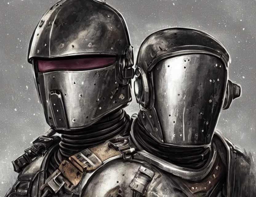 Image similar to a detailed portrait painting of a lone bounty hunter wearing combat armour and a reflective visor. Head and chest only. Brutalist, dystopian. Dieselpunk elements. Movie scene, cinematic sci-fi scene. Flight suit, cloth and metal, accurate anatomy. Samurai influence, knight influence. fencing armour. portrait symmetrical and science fiction theme with lightning, aurora lighting. clouds and stars. Atmospheric. Futurism by moebius beksinski carl spitzweg moebius and tuomas korpi. baroque elements. baroque element. intricate artwork by caravaggio. Oil painting. Trending on artstation. 8k