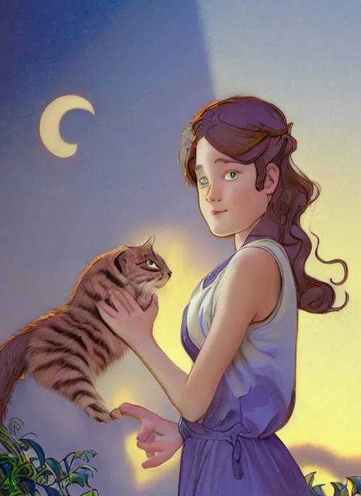 Image similar to well - lit art nouveau portrait of a 1 3 - year old girl playing with a kitten at sunset, natural lighting, path traced, highly detailed, high quality, cartoon, digital painting, by don bluth and ross tran and studio ghibli