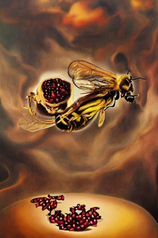 Image similar to a dream within a dream within a dream caused by the flight of a bee around a pomegranate a second before waking by salvador dali, hyperrealistic oil painting, trending on artstation, hyperdetailed, masterpiece