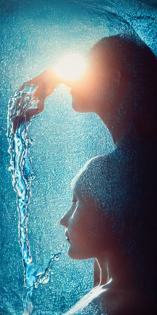 Image similar to portrait of woman drinking water during sunrise, sunrays, flowing fabrics, caustics, rippling water, photoshoot, flowing hair, haunting, iconic, fine-art, masterpiece, trending on artstation