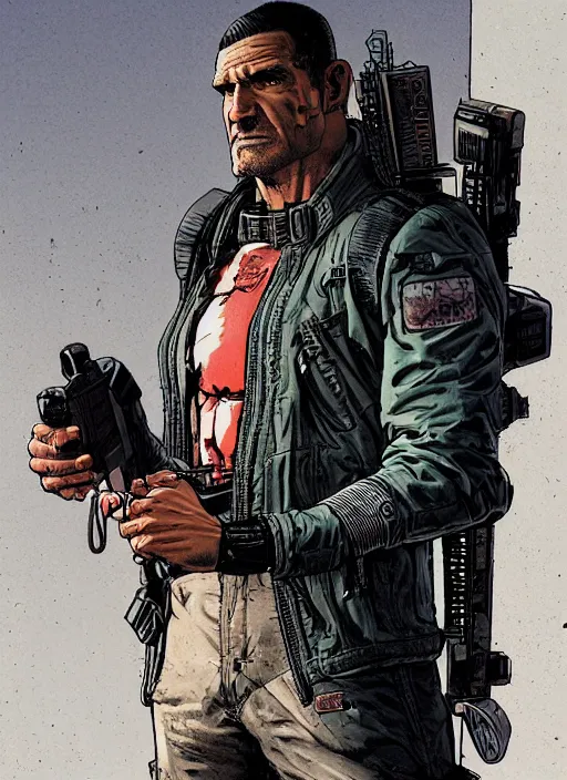 Image similar to the punisher. cyberpunk mercenary in tactical harness and jumpsuit. portrait by stonehouse and mœbius and will eisner and gil elvgren and pixar. realistic proportions. dystopian. cyberpunk 2 0 7 7, apex, blade runner 2 0 4 9 concept art. cel shading. attractive face. thick lines.