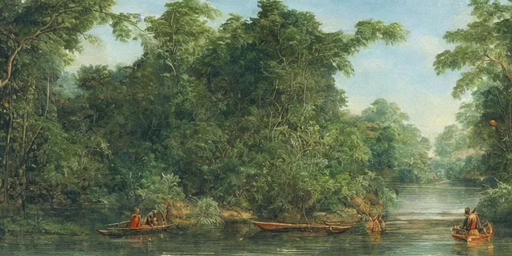 Image similar to painting of a river in the jungle with a small boat in the distance