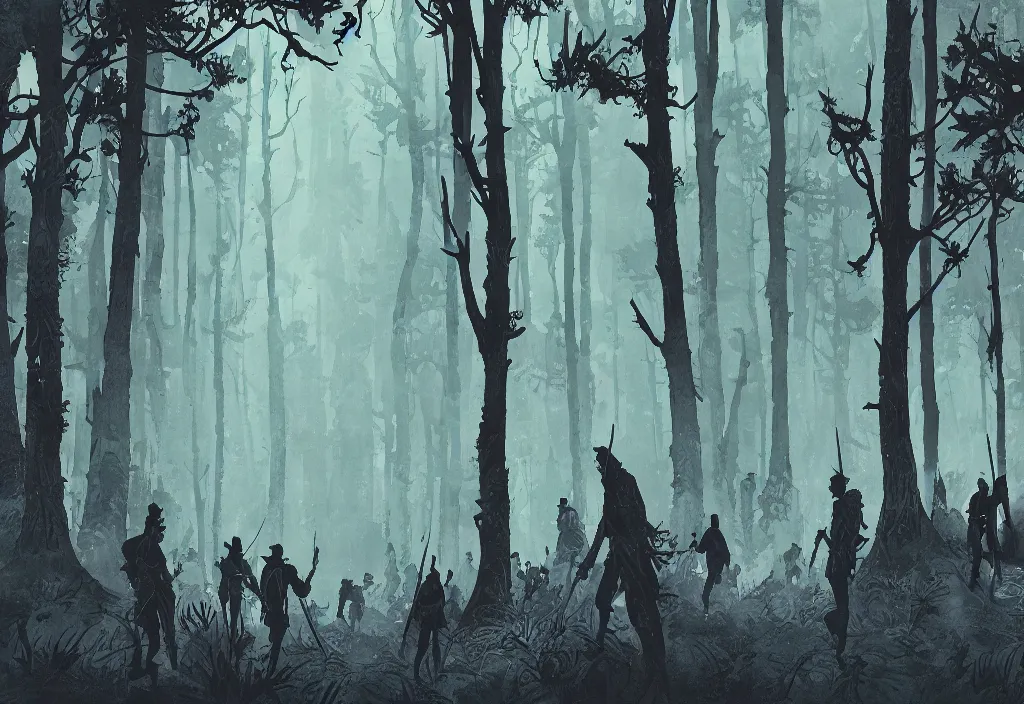 Image similar to handmade illustration of a big forest, line art, ink, some silhouetted medieval men among the trees, watercolor by Kilian Eng and by Jake Parker, winning-award masterpiece, fantastic, octane render, 8K HD Resolution, High quality image