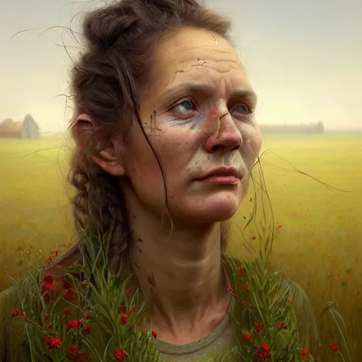 Image similar to full body portrait of a female farmer, untidy hair, highly detailed, dirty face, next to a red barn, digital painting, artstation, concept art, soft focus, depth of field, artgerm, tomasz alen kopera, peter mohrbacher, donato giancola, joseph christian leyendecker, wlop, boris vallejo