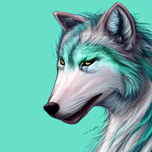 Image similar to Beautiful Digital Portrait Drawing of Mint-Colored Anthropomorphic Unicorn Wolf ,Trending on Artstation