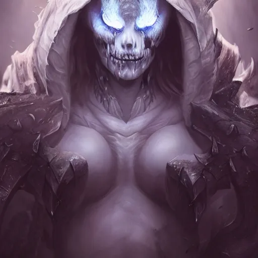 Prompt: a haunting ghast warrior, photo, professionally retouched, dramatic lighting, wearing bone armor, illuminated by moonlight, realistic, scared face, demonic, predator eyes, wide angle, sharp focus on eyes, 8 k high definition, insanely detailed, intricate, elegant, art by artgerm and wlop