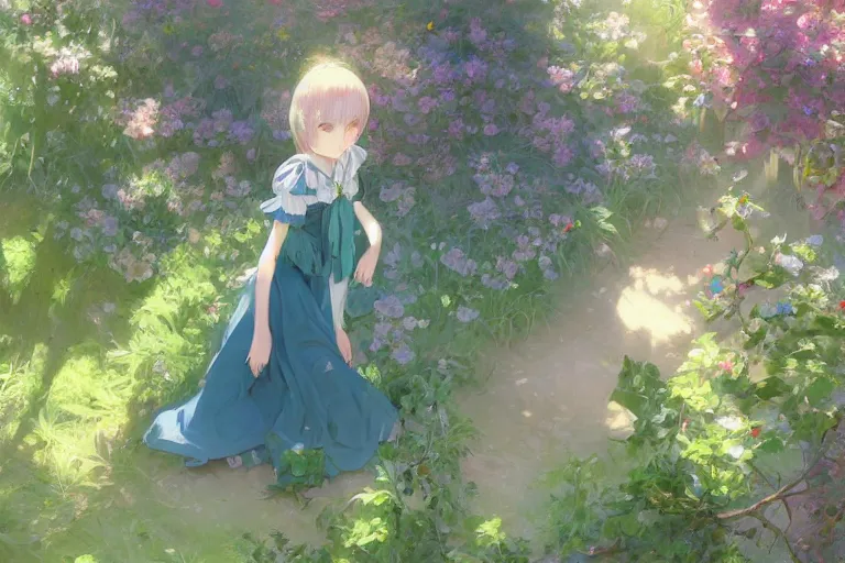 Image similar to a depressed digital art, loli in dress, garden, green and warm theme, blue accents, back lighting, highly detailed, 4 k resolution, trending on art station, by krenz cushart and mucha and akihito yoshida and greg rutkowski and makoto shinkai