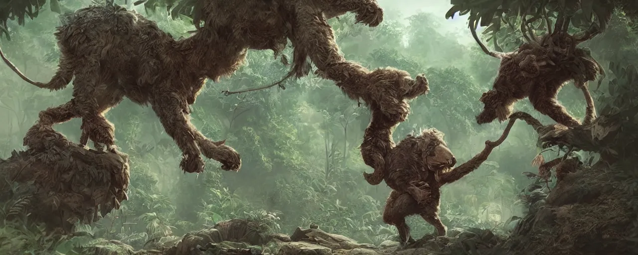 Prompt: an intricate concept illustration of a boy riding on fluffy creature exploring the jungle, artstation, fantasy, hyper realistic, concept art, art by dylan cole, cinematic lighting, fantasy color palette