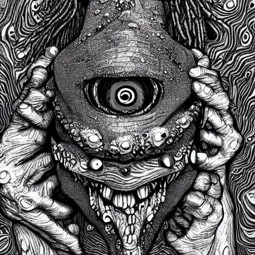 Prompt: a monster with two sharp heads with dreadlocks that look sternly at each other, it has several eyes and scales on the misshapen body, psychedelic cosmic horror