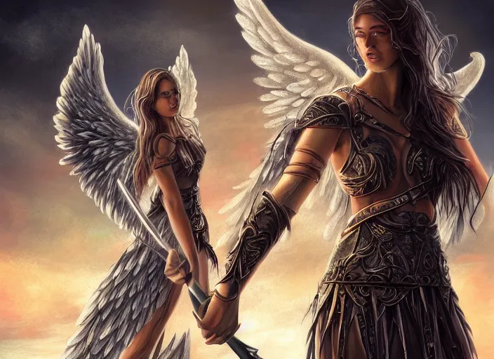 Prompt: a digital painting of an angel holding two swords, a digital rendering by jan tengnagel, fantasy art, deviantart uhd, deviantart, apocalypse art, ray tracing, highly detailed, high quality, 8 k resolution