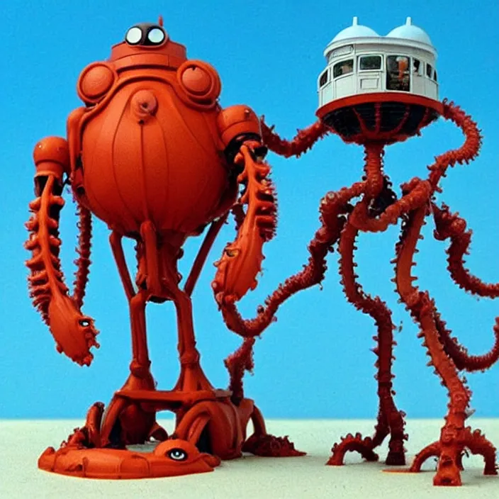 Image similar to A Lovecraftian giant mechanized adorable miniature creatures from Studio Ghibli Howl's sunbath on the beach tower (2004) as a 1980's Kenner style action figure, , full body, 4k, highly detailed. award winning sci-fi. look at all that detail!