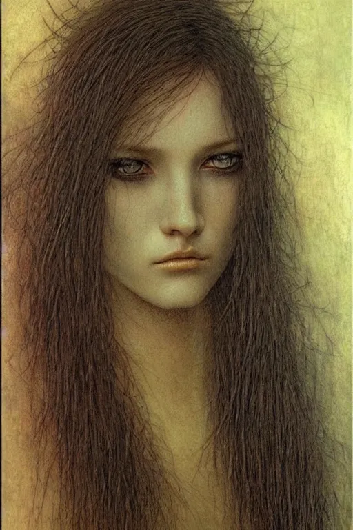 Image similar to portrait of young female, front view, black short hairs, tattoo, fantasy, intricate, jean delville, luis royo, beksinski