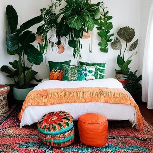 Prompt: “ a boho studio room with lots of green plants, orange throw pillows, white bunk bed ”