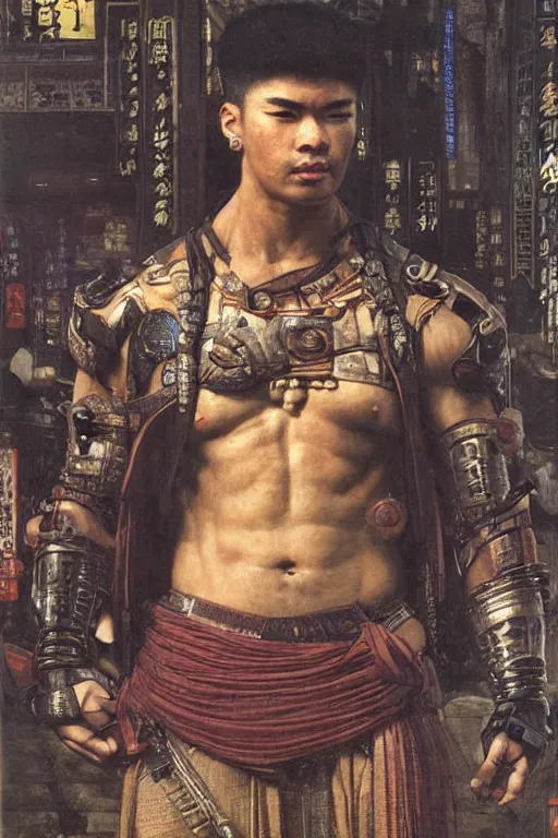 Image similar to cyberpunk ancient japanese city, orientalist intricate portrait of a muscular man by john william waterhouse and edwin longsden long and theodore ralli and nasreddine dinet, hyper realism, dramatic lighting