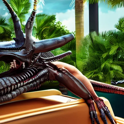 Image similar to xenomorph chilling on a sunbed near a pool drinking mojito, photorealistic, trending on artstation, hyper detailed, 8 k