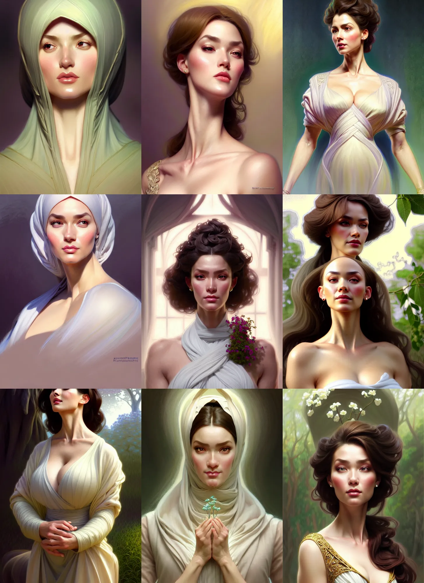 Image similar to character concept portrait of me as modest wife blessed by god to grow ever - more intelligent beautiful voluminous muscular tall healthy and alive. modestly clothed, in garden, intricate, elegant, highly detailed, digital painting, artstation, concept art, symmetry, smooth, sharp focus, illustration, art by artgerm and rutkowski and mucha