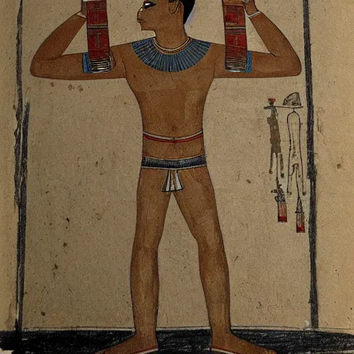 Image similar to Egyptian drawing of a man using a shake weight, ancient, photorealistic