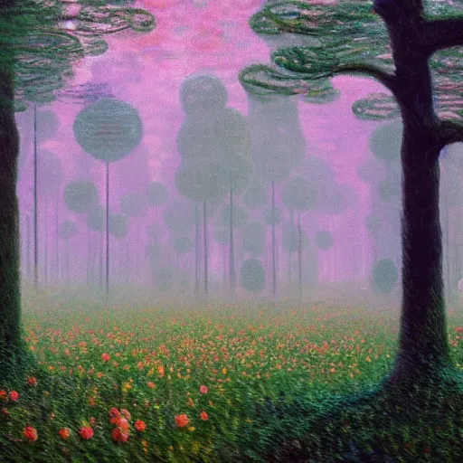 Image similar to A magical forest by Simon Stålenhag and Claude Monet