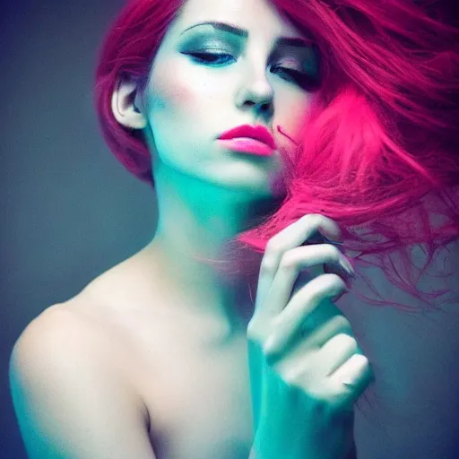 Image similar to a photo of a beautiful woman. moody and melanchonic. with a little bit of cyan and pink