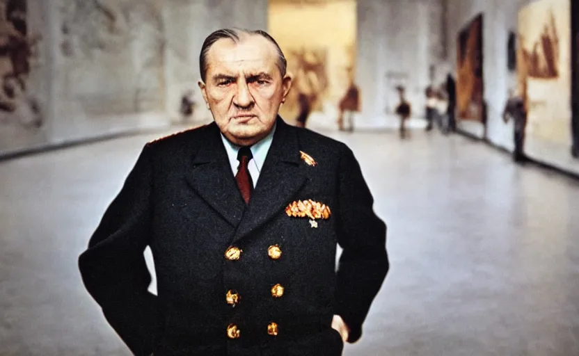 Image similar to 50s movie still close-up portrait of an elder soviet general standing in an empty giant stalinist style museum, by David Bailey, Cinestill 800t 50mm eastmancolor, heavy grainy picture, very detailed, high quality, 4k, HD criterion, precise texture and facial expression