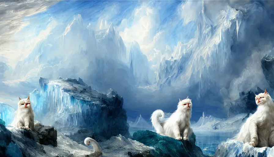 Image similar to highly detailed painting of white giant griffon cat bears with large feathered wings on a blue and white iceberg by william turner, by greg rutkowski, by william constable, thick brush strokes and visible paint layers, 4 k resolution