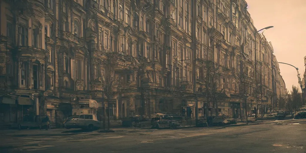 Image similar to cinematic street shot of a city on mars, aelita, phalanster, saint petersburg city, telephoto, anamorphic cinematography, beautiful composition, color theory, leading lines, photorealistic, moody volumetric lighting