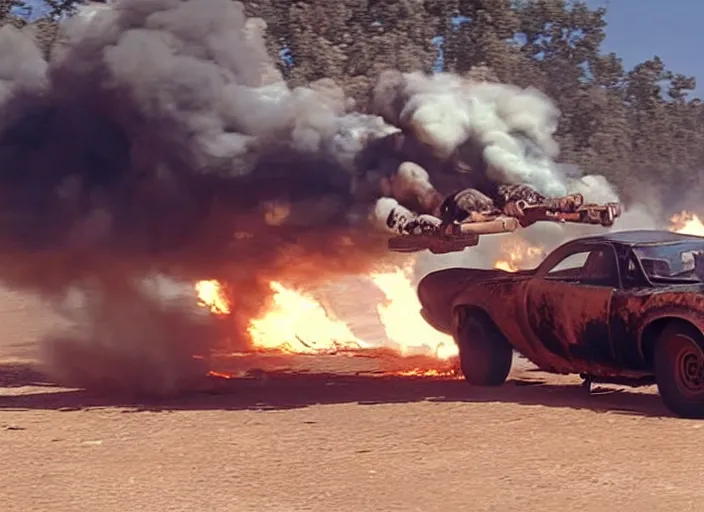 Image similar to mad max car jumping over fire