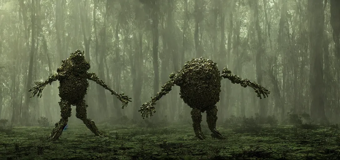 Image similar to a complex organic fractal 3 d metallic symbiotic ceramic humanoid megastructure creature in a swampy lush forest, foggy, sun rays, cinematic shot, photo still from movie by denis villeneuve, wayne barlowe