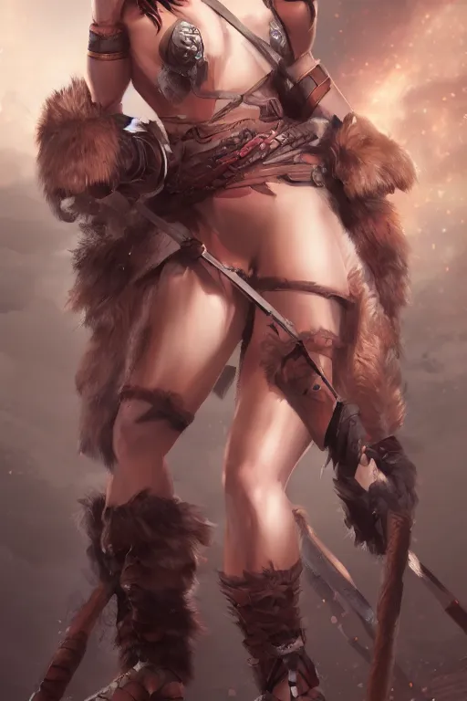 Image similar to portrait of a barbarian female, full body view, ultra sharp, very detailed, high quality focus by wlop