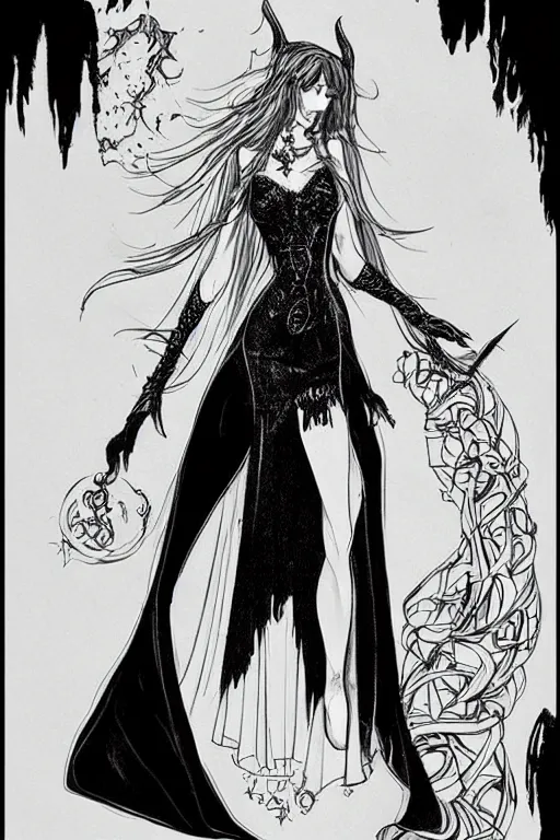 Image similar to pretty gothic sorceress wearing a tight dress with illustrious details, jewelry, ornated clothing, attractive, character concept, black and white drawing with a fine tip pen sketch