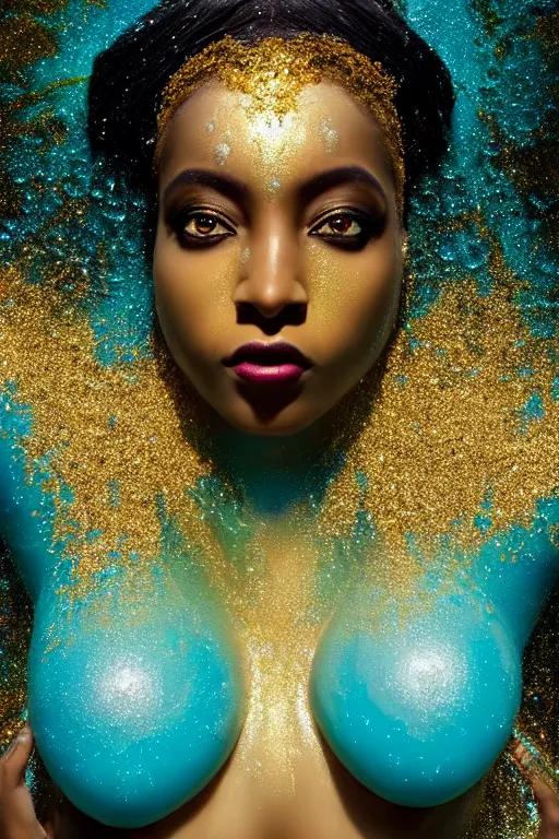 Image similar to hyperrealistic magic realism cinematic very beautiful! black oshun goddess with white! iris, in water, yoruba body paint, mirror dripping droplet!, gold flowers, highly detailed face, digital art masterpiece, smooth robert steven connett eric zener dramatic teal light, ground angle uhd 8 k, sharp focus