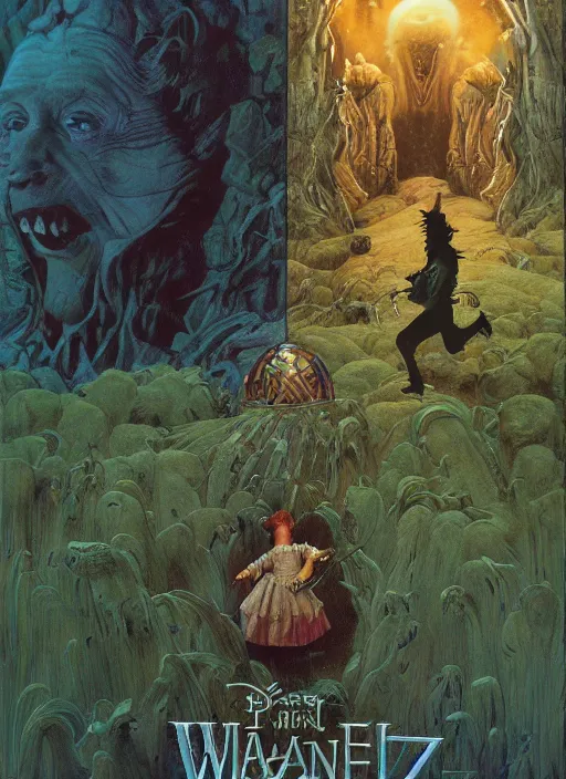 Image similar to Wizard of oz movie poster, by lawrence alma-tadema and zdzislaw beksinski and norman rockwell and jack kirby and tom lovell and greg staples, artstation creature art