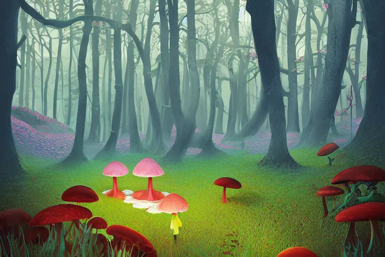 Prompt: alice in wonderland digital illustration by ilya kuvshinov, surreal mushroom forest by beeple