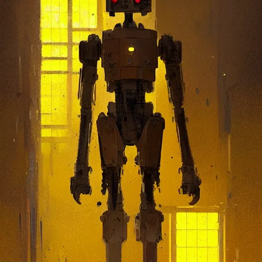 Image similar to tall strong intricate chiseled yellow pit droid, by Greg Rutkowski