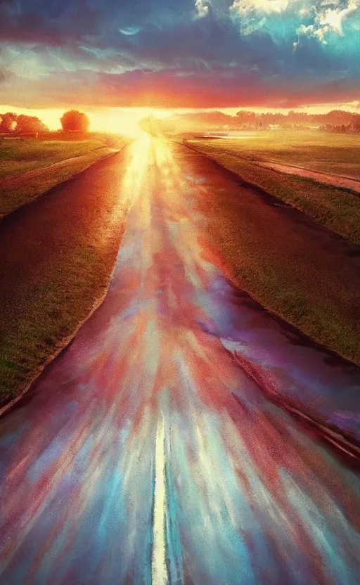 Image similar to paperback book cover. 2 0 1 0 s. pure colors, melting clouds, accurately drawn details, a sunburst above a receding road with the light reflected in furrows and ruts, after rain. photorealistic. octane render. cinematic. trending on artstation. textless.