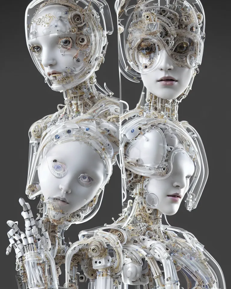 Image similar to beautiful cybernetic baroque robot, beautiful baroque porcelain face + body is clear plastic, inside organic robotic tubes and parts, symmetric, front facing, wearing translucent baroque rain - jacket + symmetrical composition + intricate details, hyperrealism, wet, reflections + by alfonse mucha and moebius, no blur dof bokeh