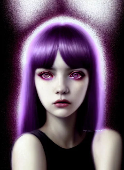 Image similar to portrait of teenage girl, red irises, bangs, black and white hair, white bangs, purple clothes, white bangs, two color hair, black hair and white bangs, intricate, elegant, glowing lights, highly detailed, digital painting, artstation, concept art, smooth, sharp focus, illustration, art by wlop, mars ravelo and greg rutkowski