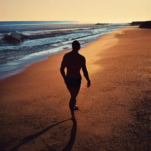 Prompt: a film candid photography of a man, athletic, walking towards camera on an Oregon beach, facing camera, natural lighting, golden hour, well lit, Kodak gold 200 film, trending on instagram