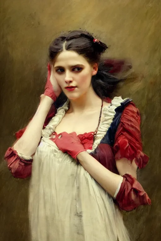 Prompt: Solomon Joseph Solomon and Richard Schmid and Jeremy Lipking victorian genre painting full length portrait painting of a young beautiful woman wearing gloves traditional german french actress model pirate wench in fantasy costume, red background