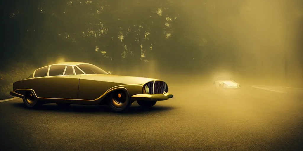 Prompt: parked retro futuristic vintage polished car, fog, rain, volumetric lighting, beautiful, golden hour, sharp focus, photorealistic, highly detailed, cgsociety