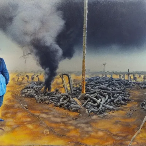 Image similar to armageddon they will be dead and we go to paradise, funny and frightened ukrainian burned to bones in dirty yellow and blue rags on the background of a huge nuclear explosion hyperrealism, selfie